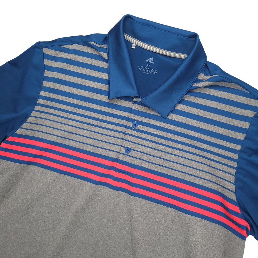 Adidas Golf Polo Shirt Mens XL Blue Gray Stripe Sarasota National‎ Logo Stretch